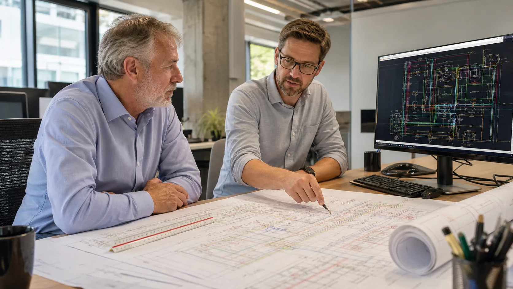 MEP engineer and CAD manager reviewing clean AutoCAD drafting revisions at a workstation