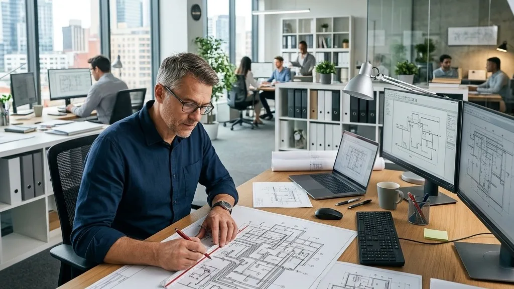 A focused CAD manager analyzing detailed MEP HVAC ductwork and plumbing piping drawing layouts on a modern workspace desk.