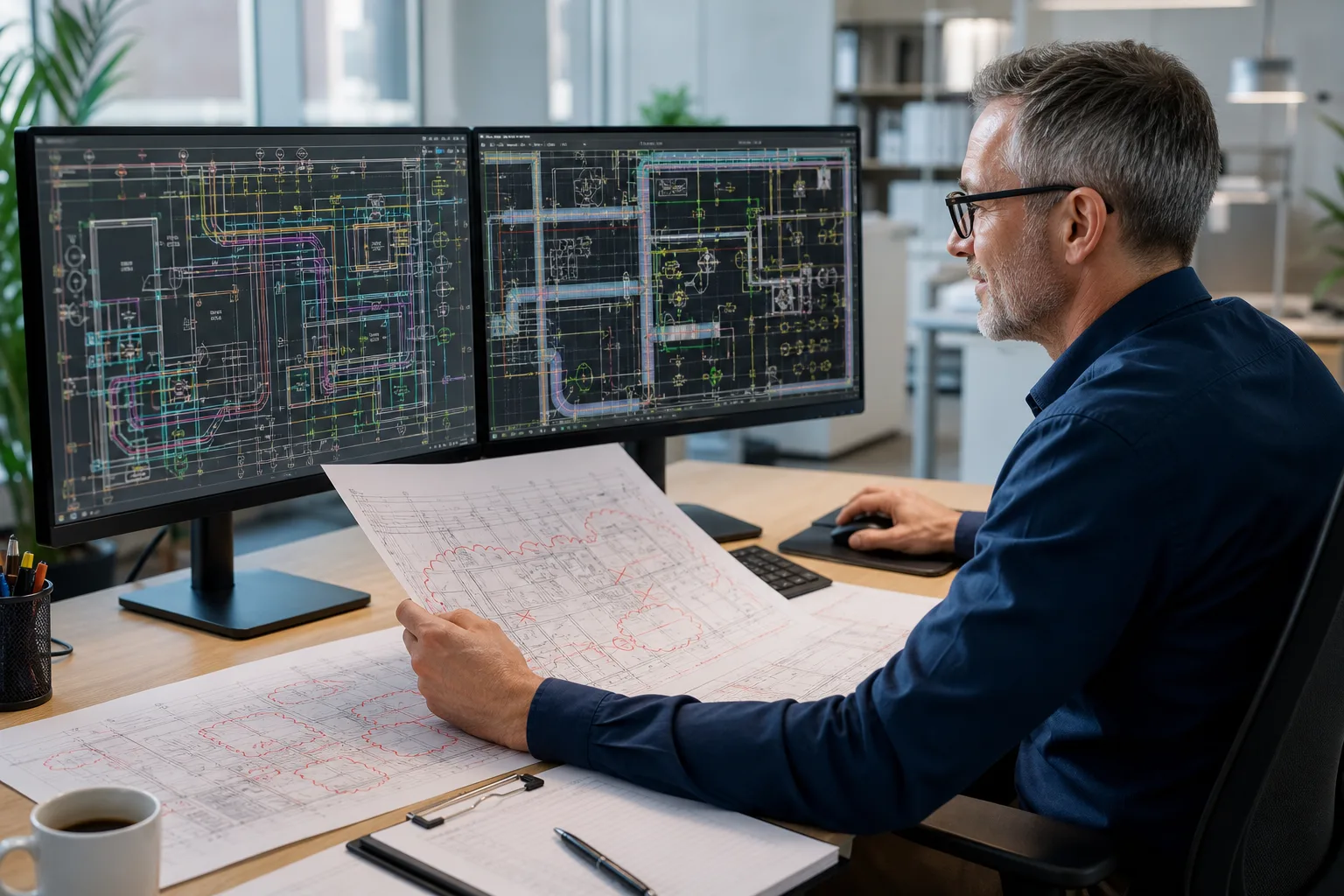 CAD manager reviewing MEP DWG revisions at a workstation with marked plans and AutoCAD-style drawings
