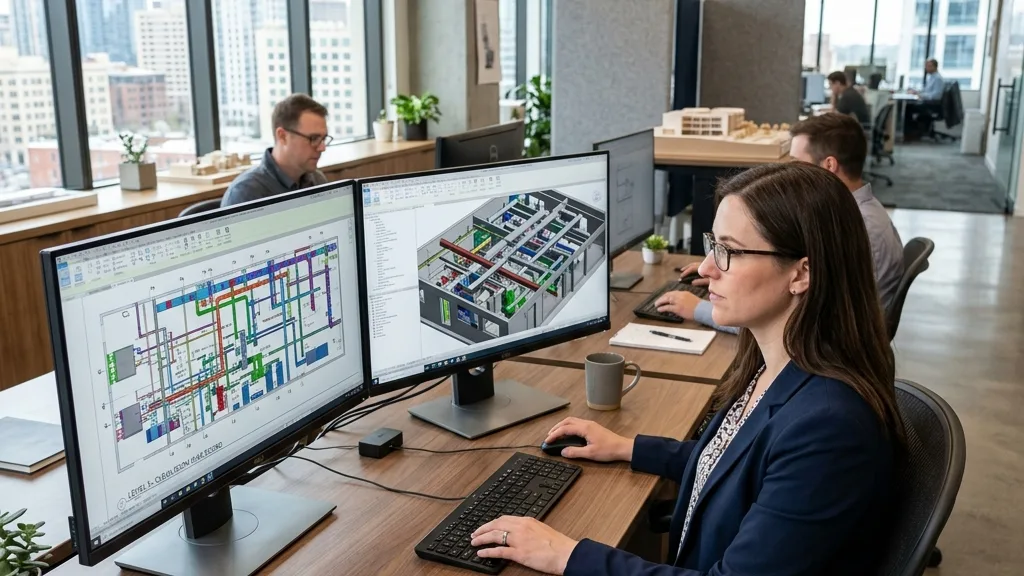 A professional mechanical design coordinator analyzing a coordinated HVAC ductwork layout on a dual-monitor workstation in a modern architectural office.