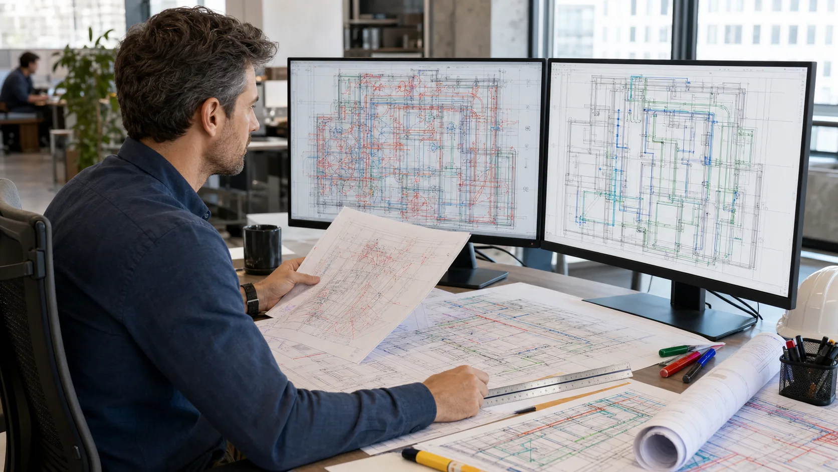 CAD manager reviewing an RFI note beside clean MEP AutoCAD-style drawings on a workstation