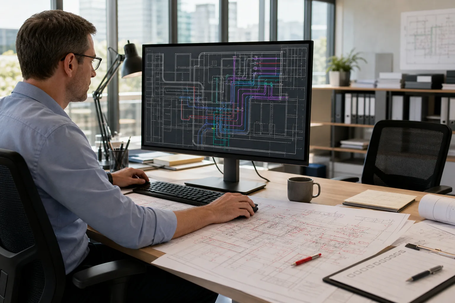 CAD manager reviewing MEP DWG revisions and marked-up plans while scaling drafting output with controlled automation