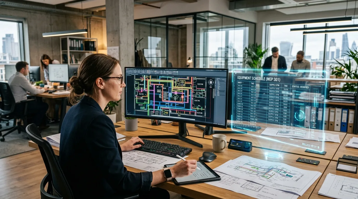 MEP CAD manager reviewing AutoCAD drawing with AI assistant updating equipment schedule