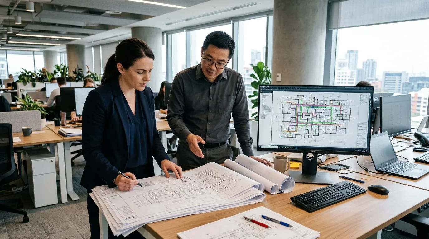 MEP engineering lead and CAD manager reviewing drawings at a workstation with floor plans on monitor