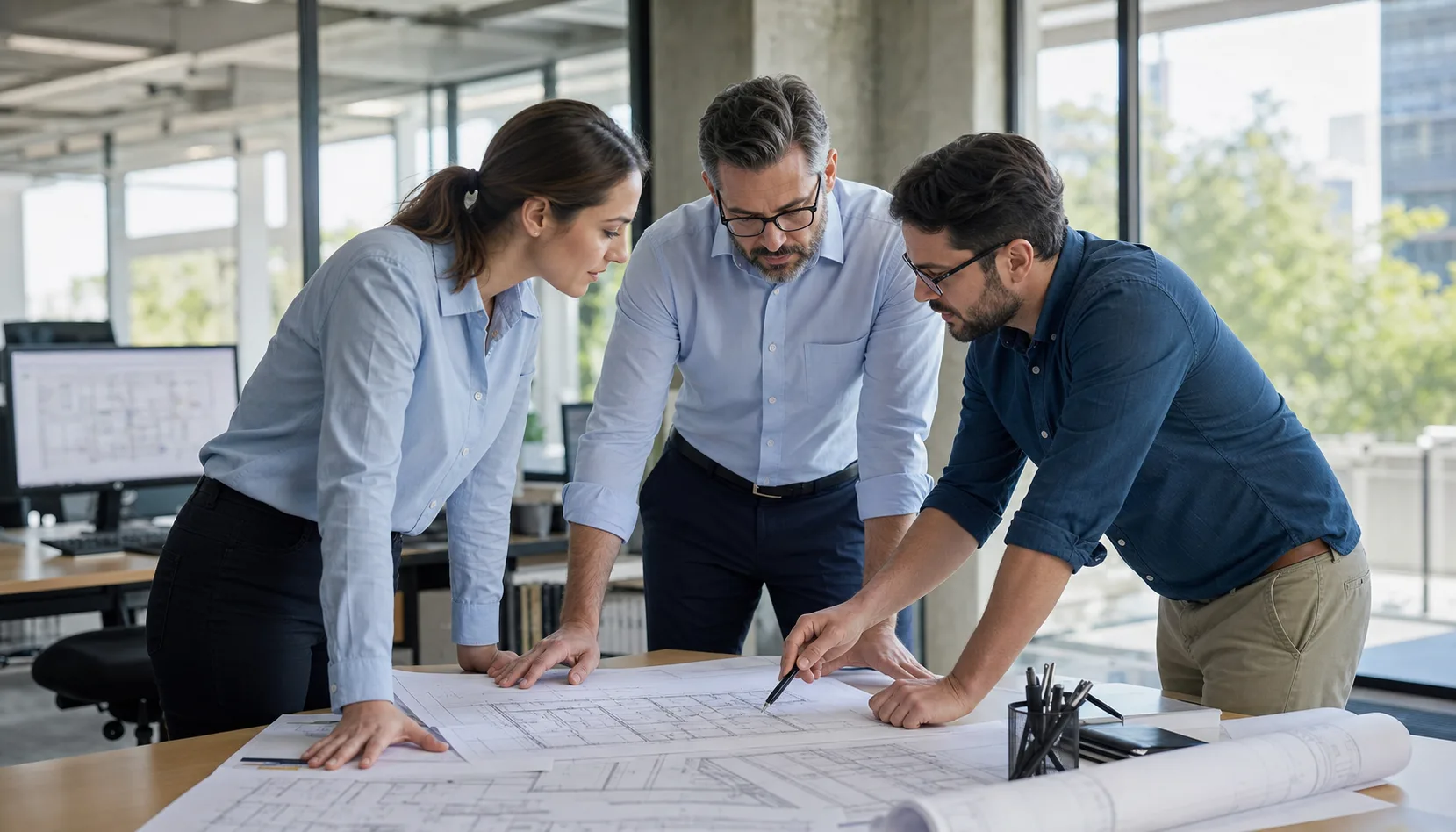 MEP professionals reviewing printed building plans together in a bright engineering office