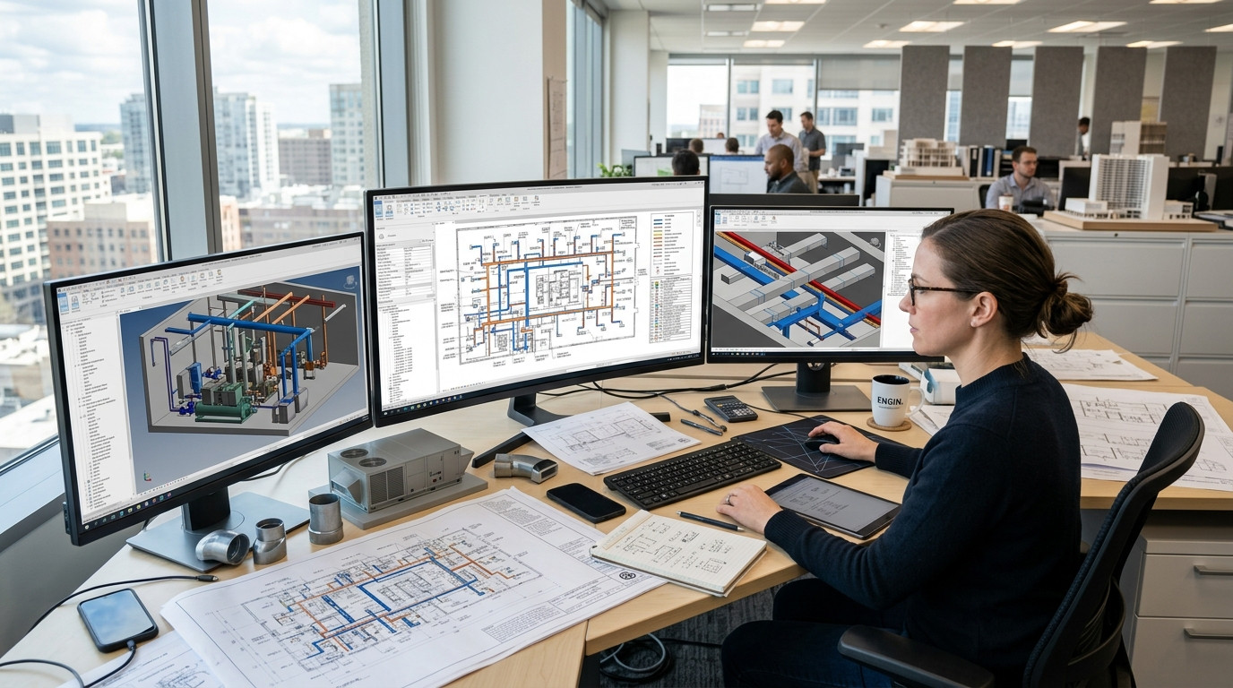 A mechanical engineering design workstation showing detailed commercial HVAC equipment layouts and ductwork connections on an office desk.