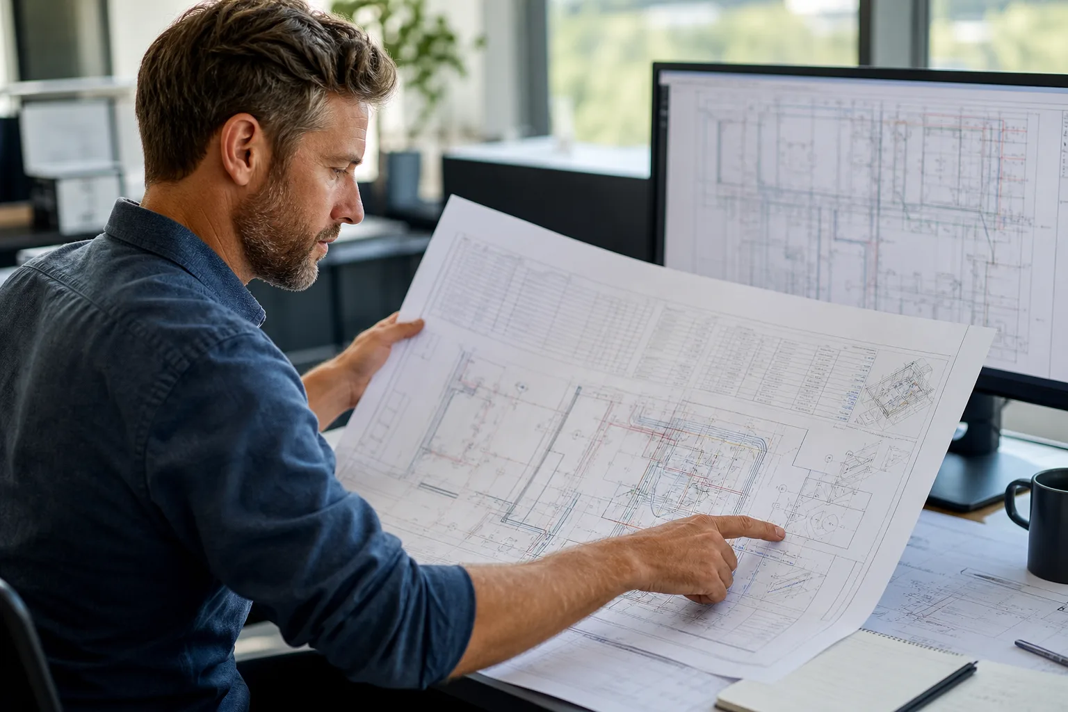 CAD manager reviewing MEP equipment schedule updates and plan callouts on printed AutoCAD drawings