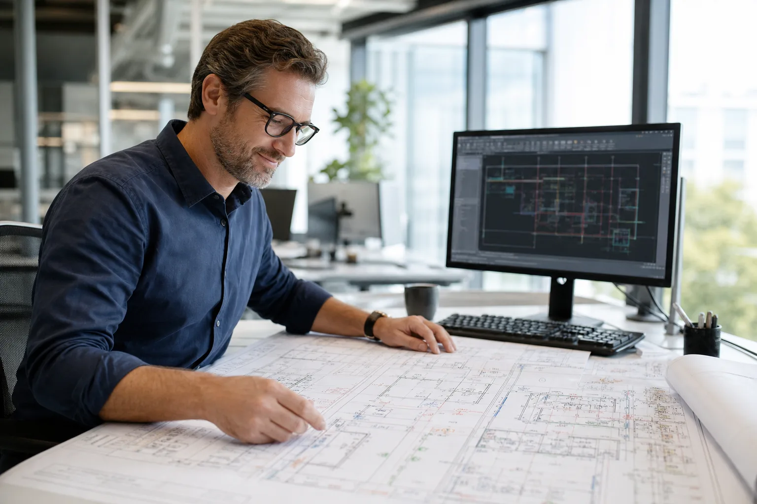 CAD manager reviewing printed MEP plans beside an AutoCAD workstation after organizing repeated symbol and note updates.