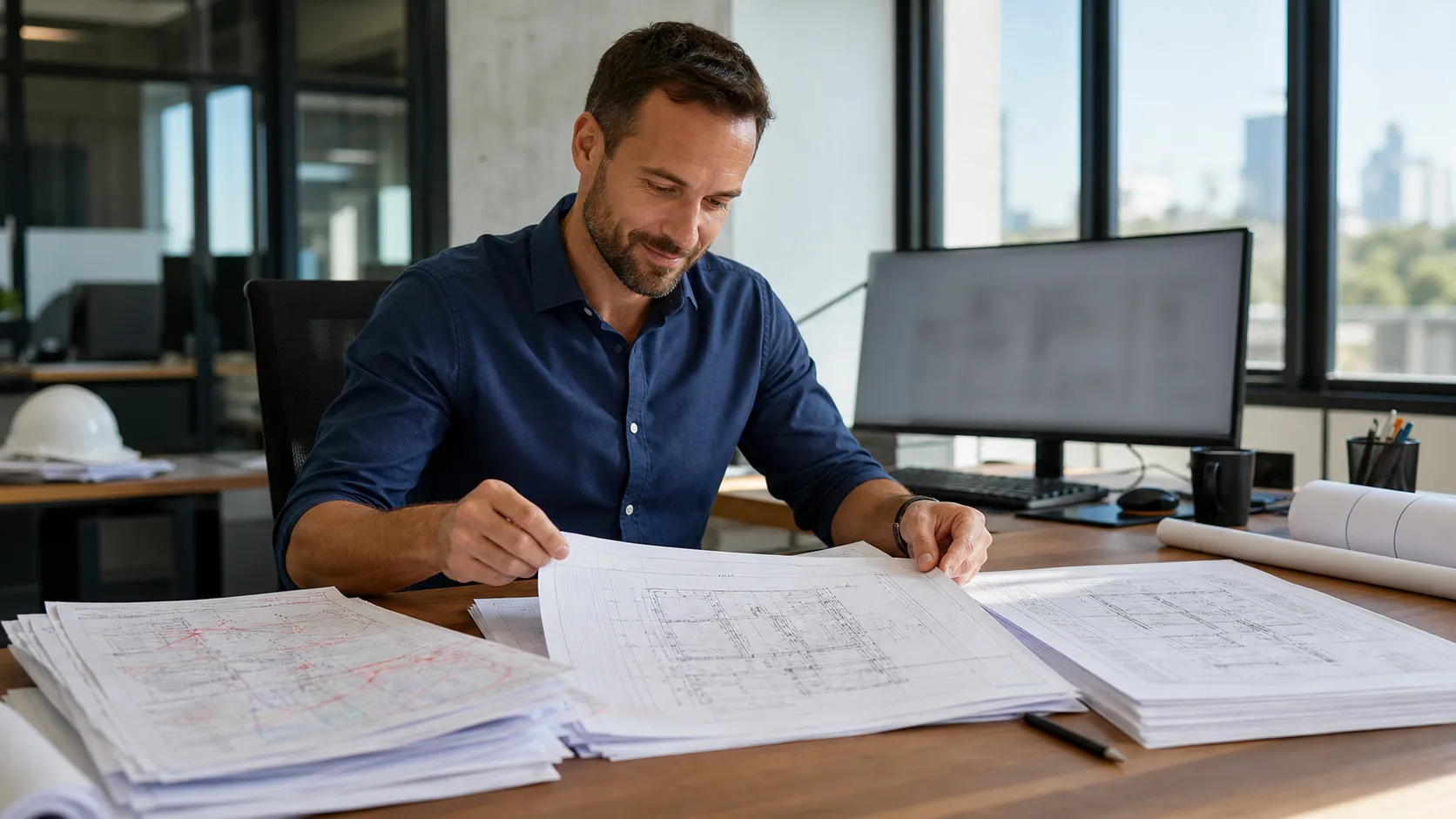 CAD manager reviewing AutoCAD MEP sheet title block updates across multiple printed drawing sets