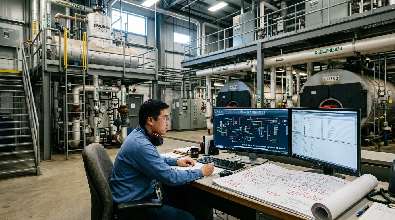 Mechanical engineer reviewing boiler room piping layouts and deaerator drawings at an AutoCAD workstation with marked plans