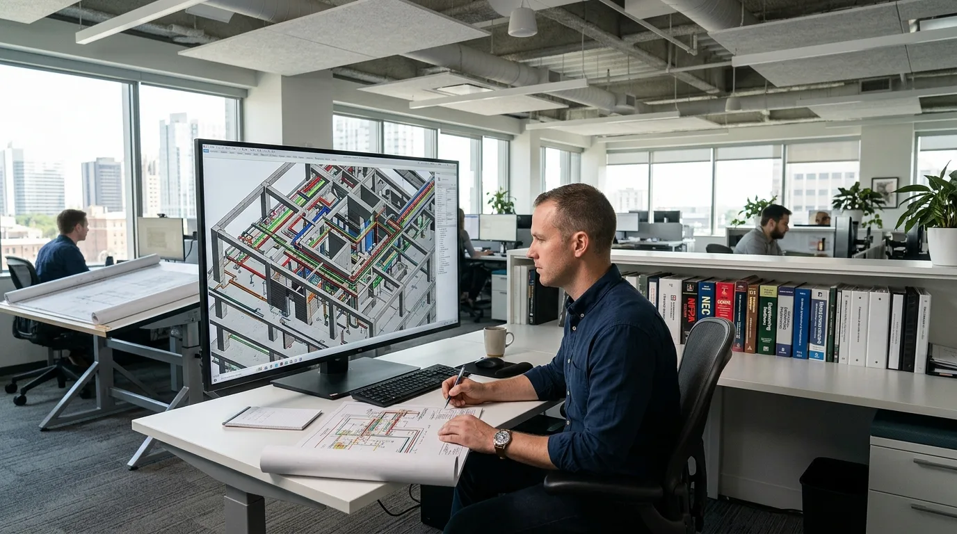 An electrical BIM coordinator at a clean, modern workstation, reviewing printed schematics and revising a detailed, colored layout of conduit runs and cable trays routing through a building structure.