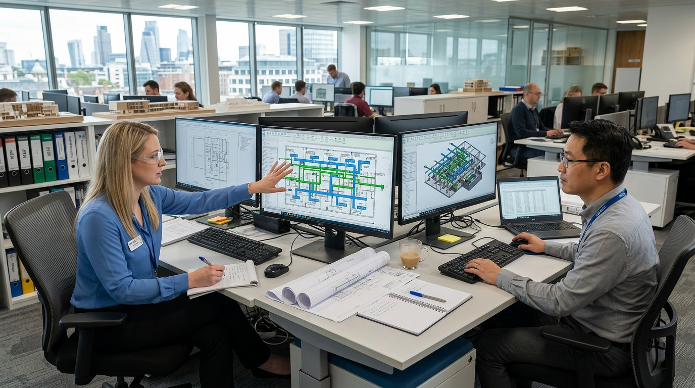 An MEP project engineer and CAD manager reviewing synchronized chilled beam ductwork and hydronic piping layouts at an engineering workstation.