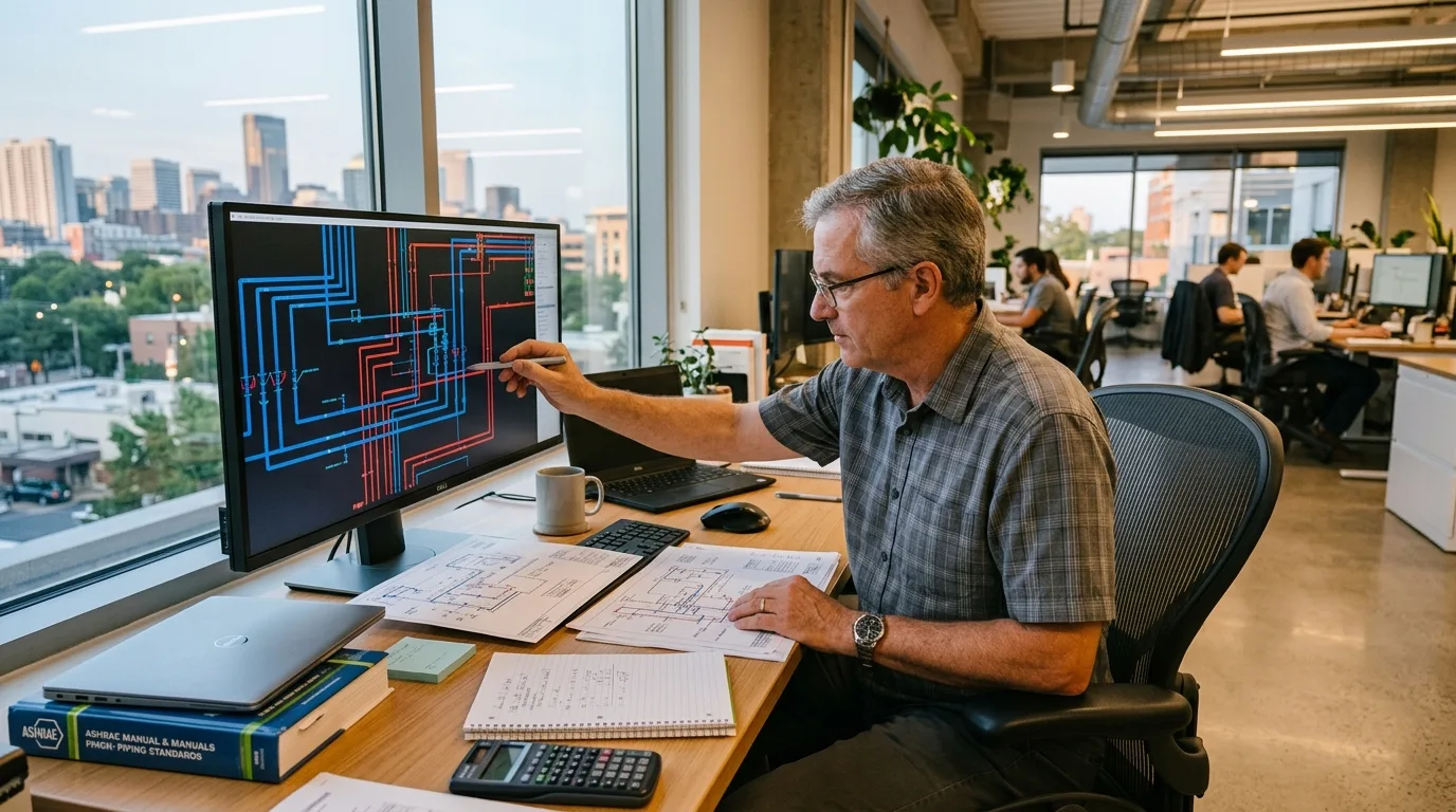 Mechanical engineer reviewing chilled water hydronic piping layout drafts in AutoCAD on a workstation monitor