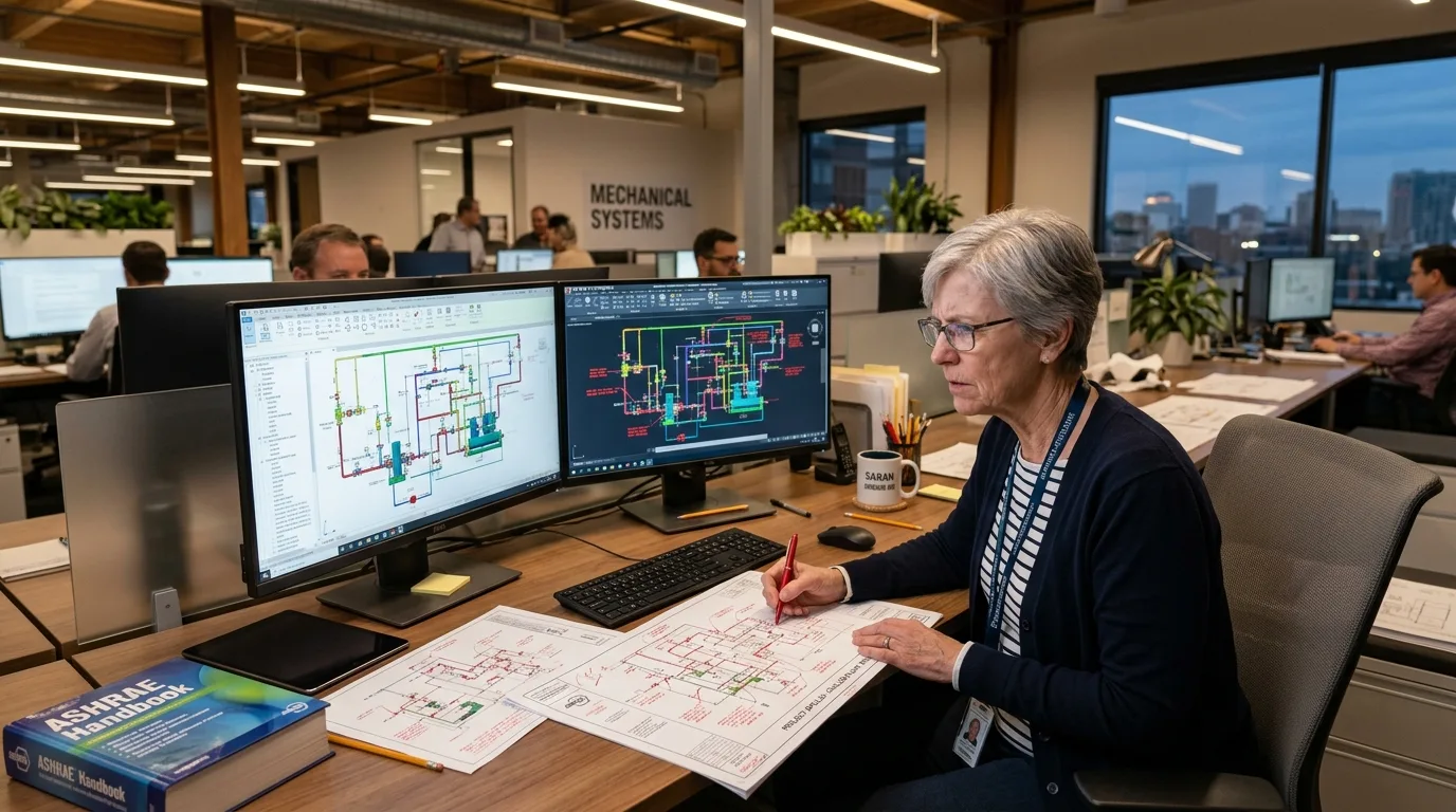 Senior mechanical engineer reviewing central chiller plant piping drawings on dual monitors at an engineering office workstation.