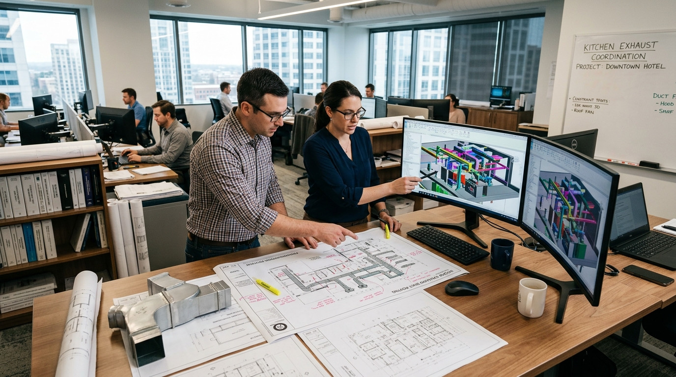 Mechanical engineer and CAD manager reviewing coordinated commercial kitchen hood exhaust duct routing on drafting plans in a modern engineering office