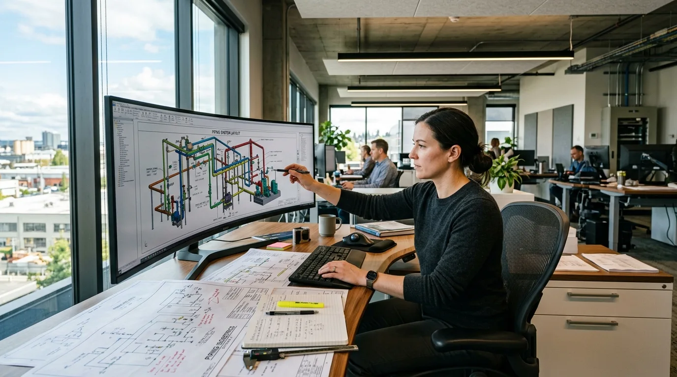 Mechanical designer coordinating compressed air loops and drops at a workstation