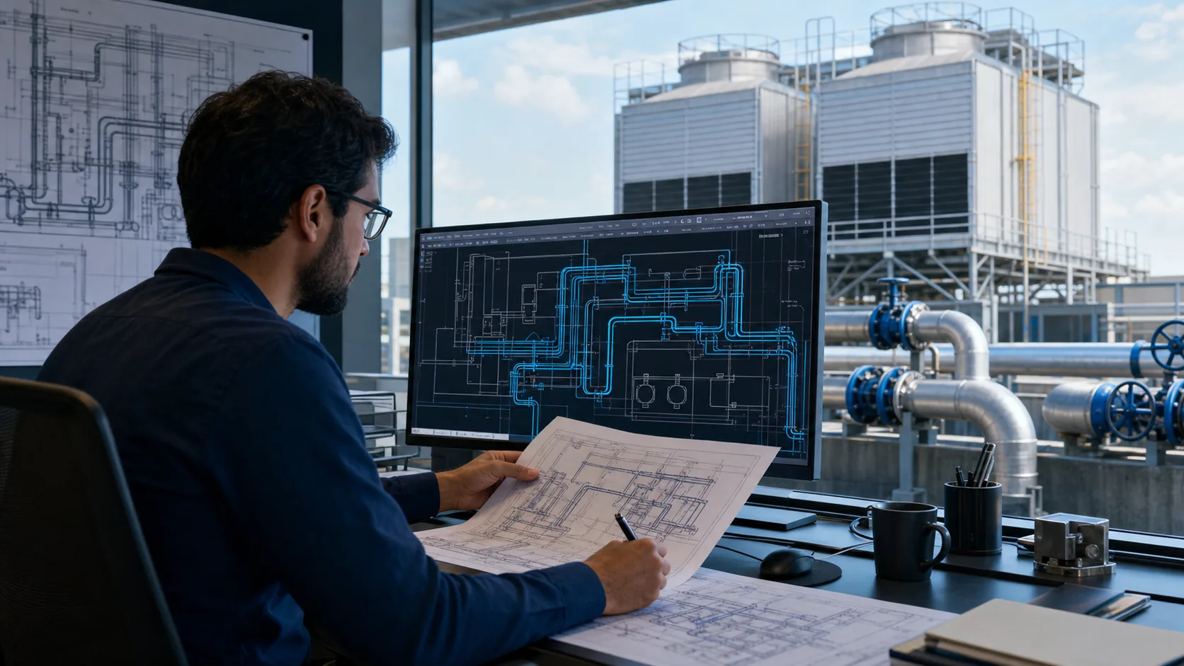 Mechanical engineer revising a cooling tower condenser-water piping layout in AutoCAD while comparing the rooftop installation.