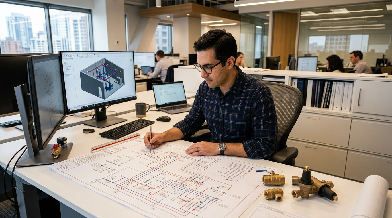 A focused plumbing designer at an engineering workstation carefully reviewing piping layouts and domestic water valve assemblies on a clean drafting desk.