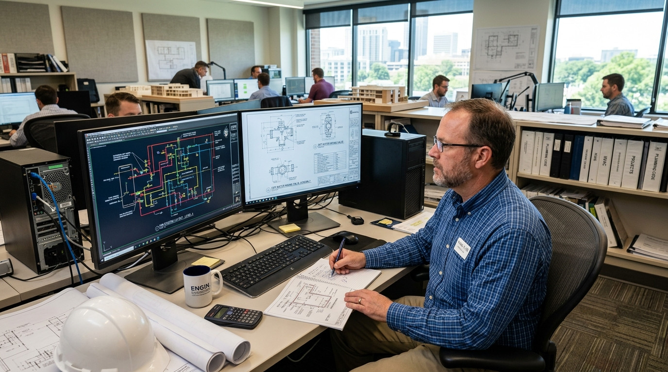 A focused plumbing engineer reviewing commercial hot water piping layouts and mixing valve drawings at a dual-monitor CAD workstation.