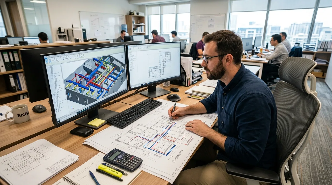 A focused MEP designer working at a dual-monitor workstation in a clean, modern engineering office, drafting and reviewing building layout drawings with highlighted domestic water plumbing lines.