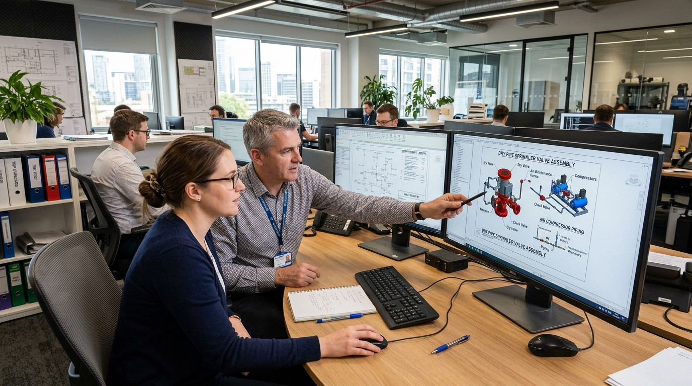 A focused fire protection engineer and CAD manager reviewing dry pipe sprinkler valve layouts and air compressor piping on dual monitors in a modern MEP engineering office.