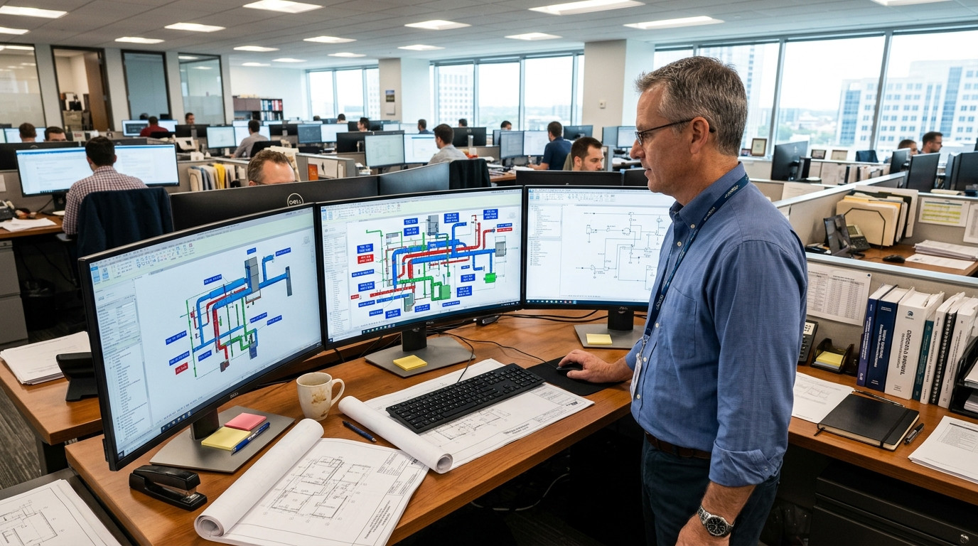 A mechanical engineering drafting manager reviewing ductwork layouts and airflow balancing tags at an office CAD workstation.