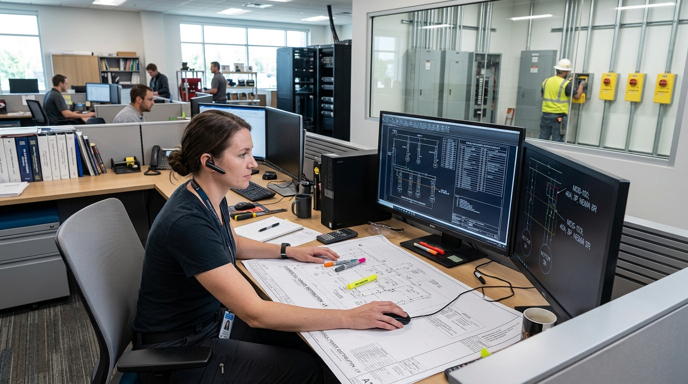 An electrical CAD engineer reviewing commercial power distribution drawings and coordinating motor disconnect switch locations at an engineering workstation.
