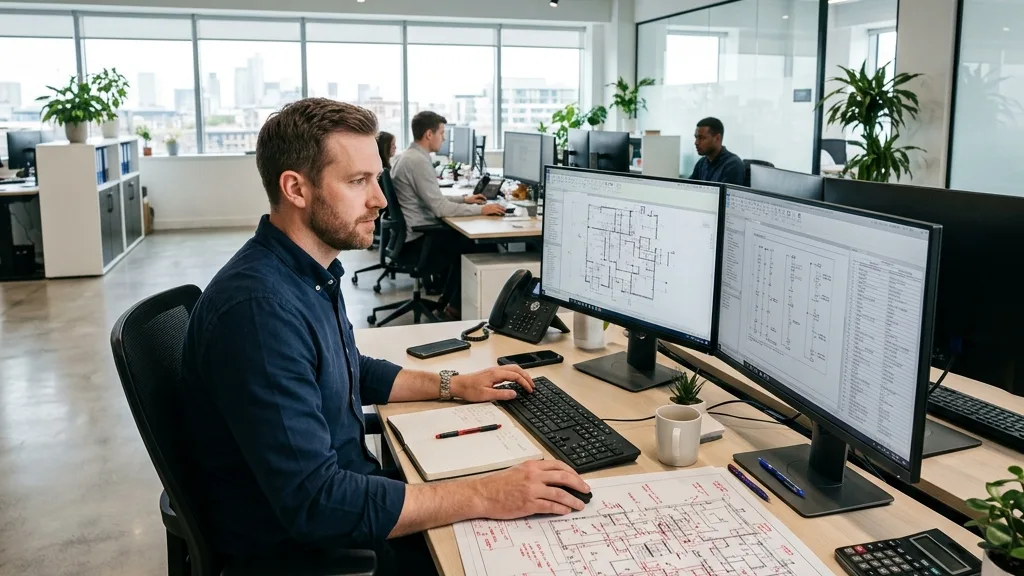 An electrical CAD manager at a modern workstation, focusing on updating electrical plans and panel schedules, with printed plans on the desk