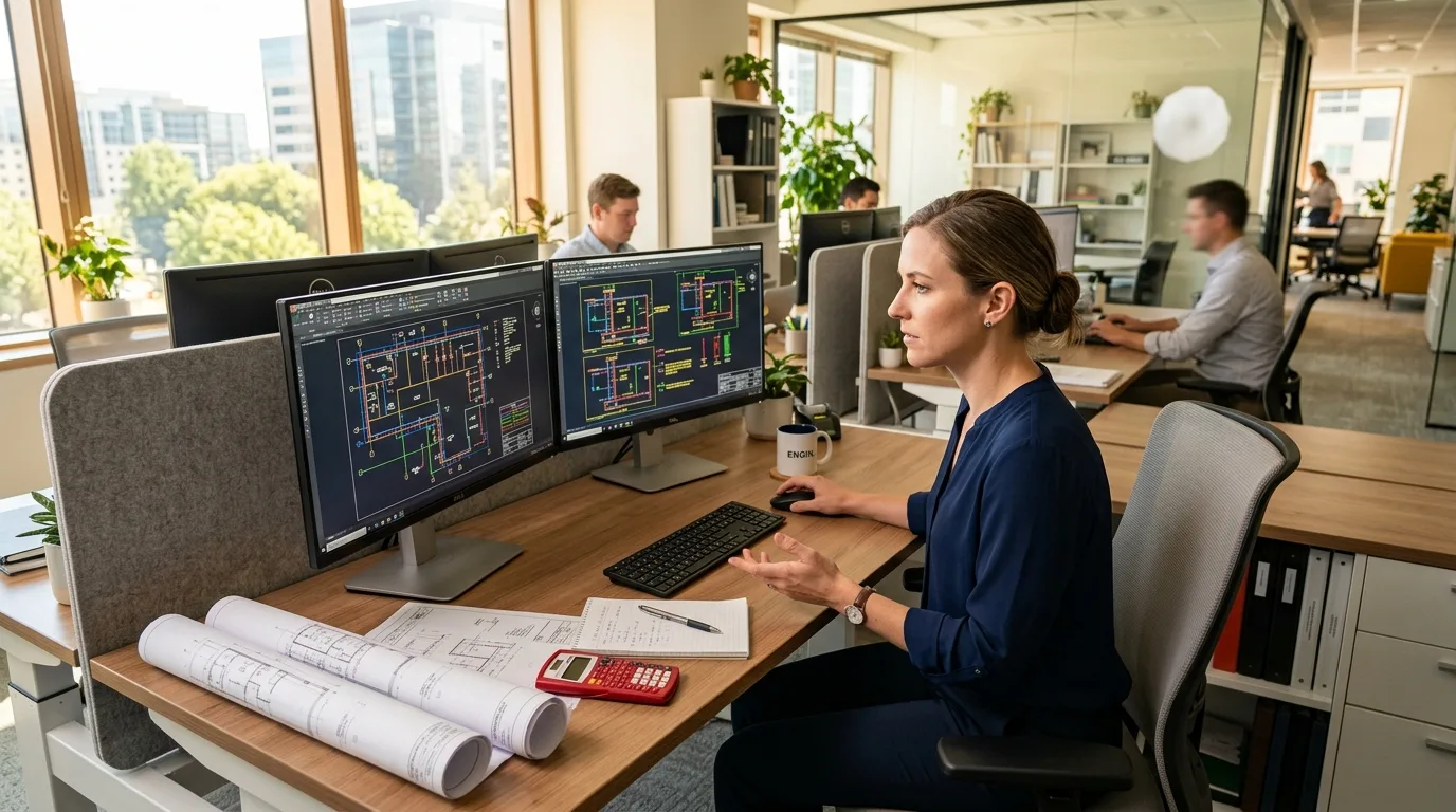 An electrical design engineer in a professional office environment, reviewing a complex electrical grounding drawing on a dual-monitor workstation with rolled blueprints nearby.