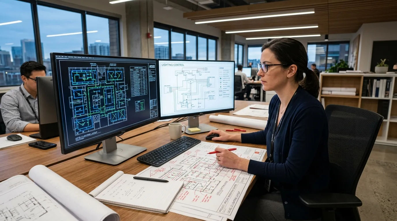 An electrical design lead reviewing complex CAD lighting control layouts and marked-up floor plans at an engineering workstation.