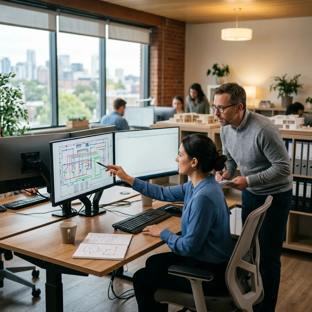 Two engineering professionals pointing at and discussing a simplified electrical lighting layout plan on a computer monitor in a modern design office.