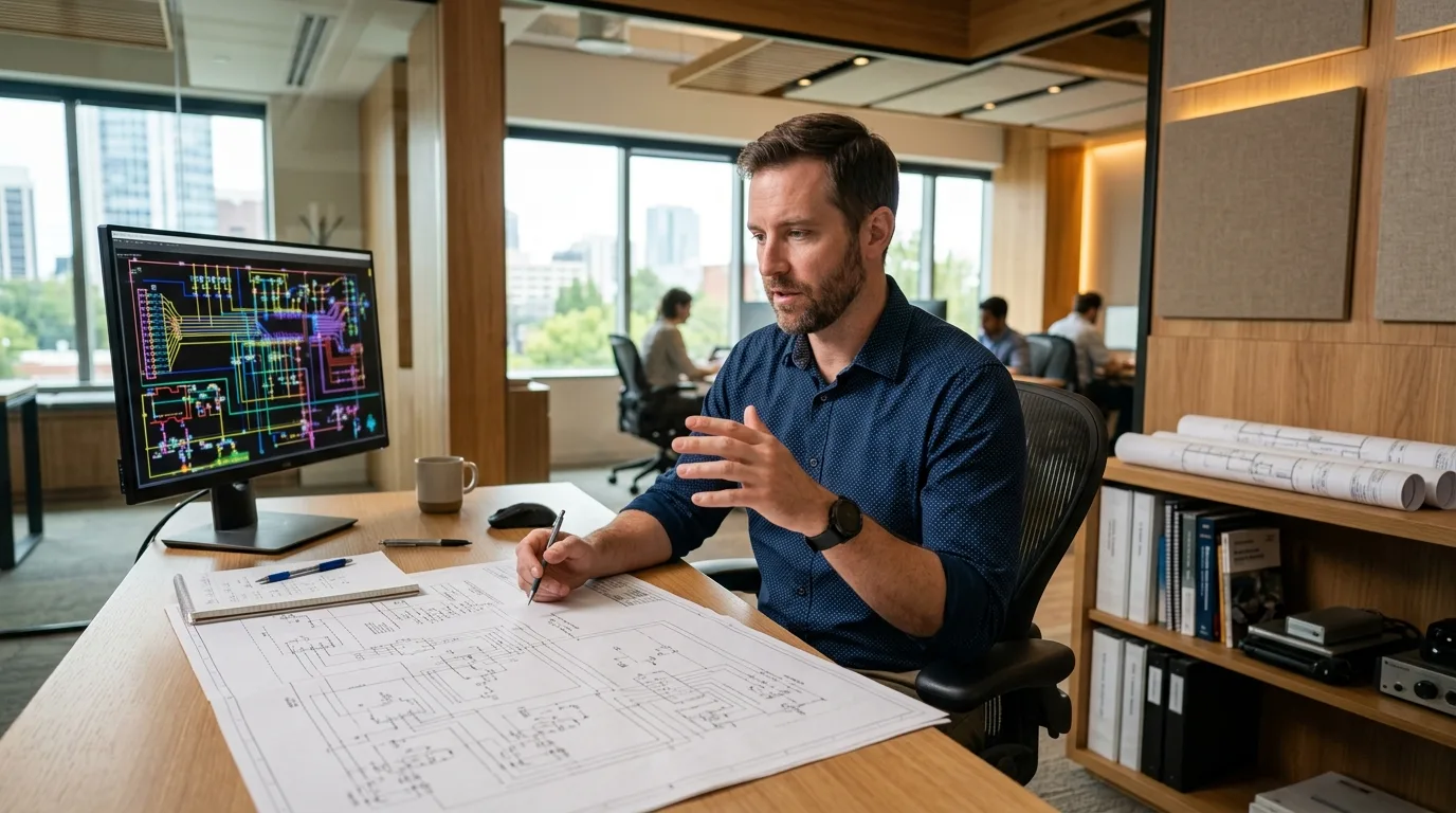 A male electrical engineer at a modern clean workstation in an engineering office, looking intently at printed electrical schematics while a computer monitor shows a detailed drawing layout in the background.