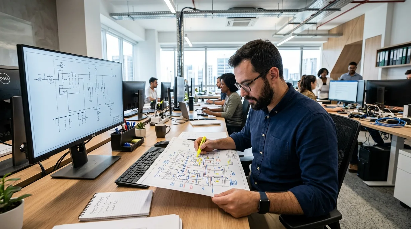 A professional electrical designer working at a dual-monitor workstation in a brightly lit office, analyzing receptacle symbols and power circuit drawings on a large layout sheet.
