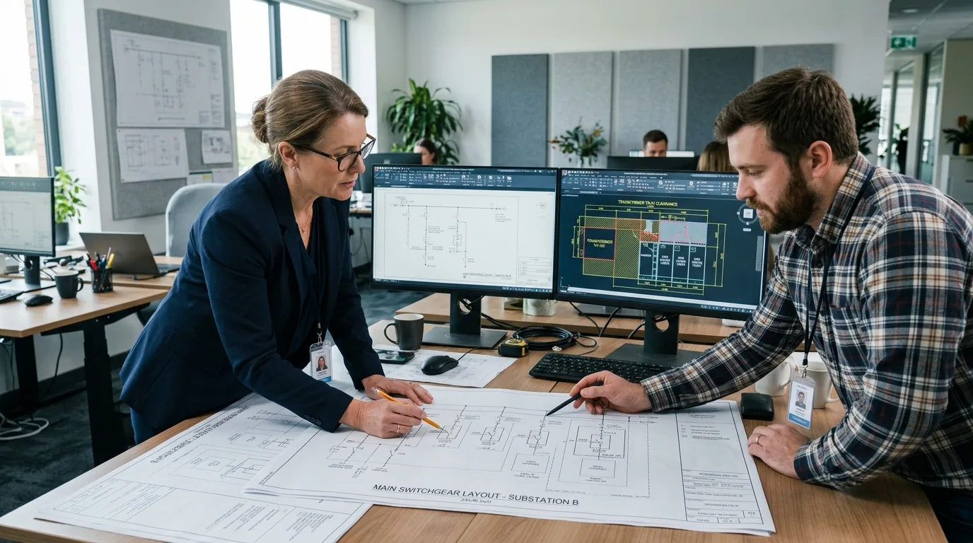 Electrical engineers and CAD managers coordinating transformer and switchgear layout revisions at a workstation.