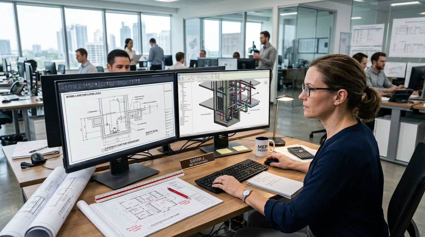Mechanical and plumbing CAD manager reviewing elevator pit sump pump drafting revisions on a dual-monitor workstation