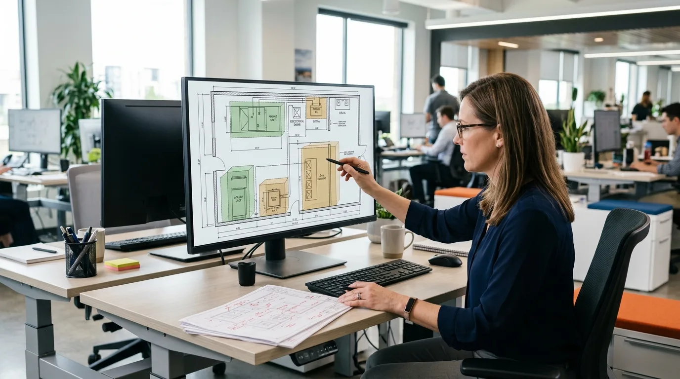 A CAD manager at a modern engineering workstation reviewing mechanical equipment clearance zones on a large computer monitor.