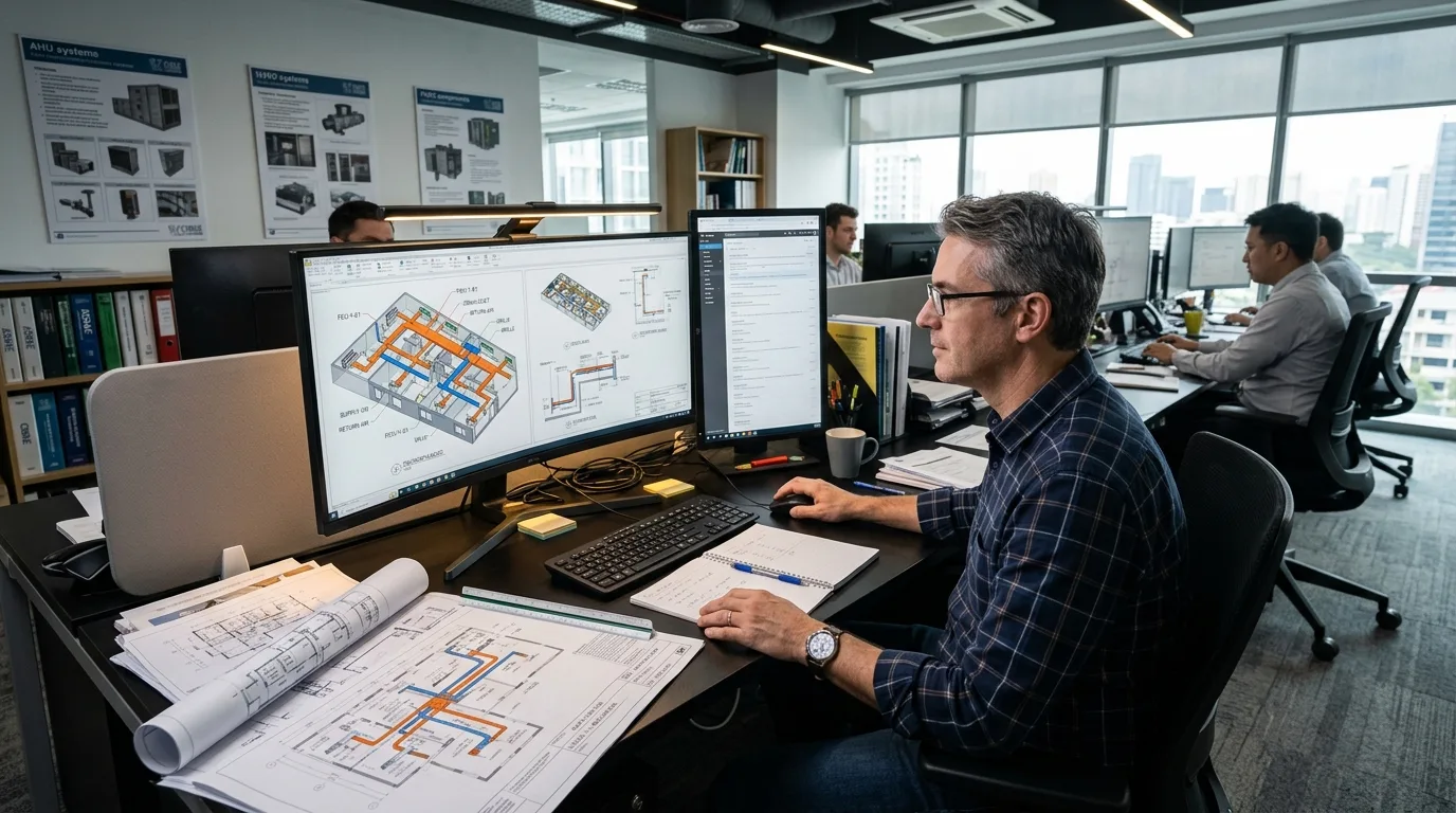 A mechanical design engineer reviewing fan coil unit layouts and ductwork routing plans in AutoCAD on a workstation display.