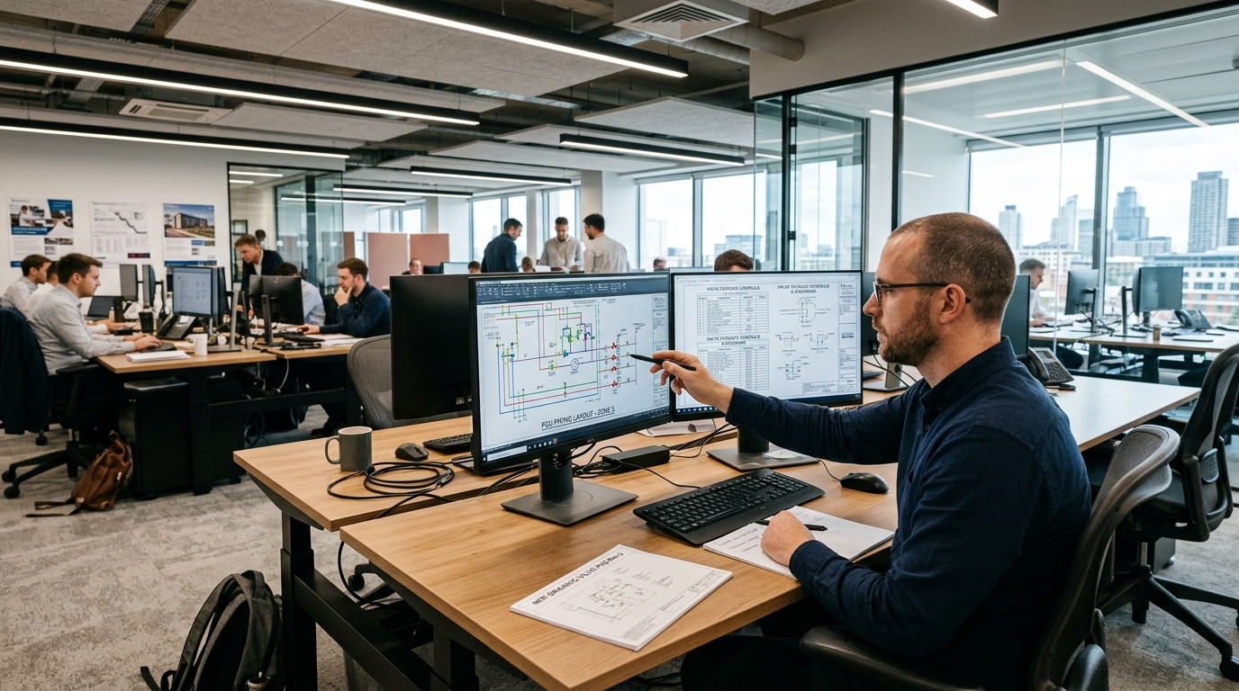 A focused mechanical engineer reviewing fan coil piping layouts and valve package drawings at a dual-monitor workstation in a modern MEP engineering office.