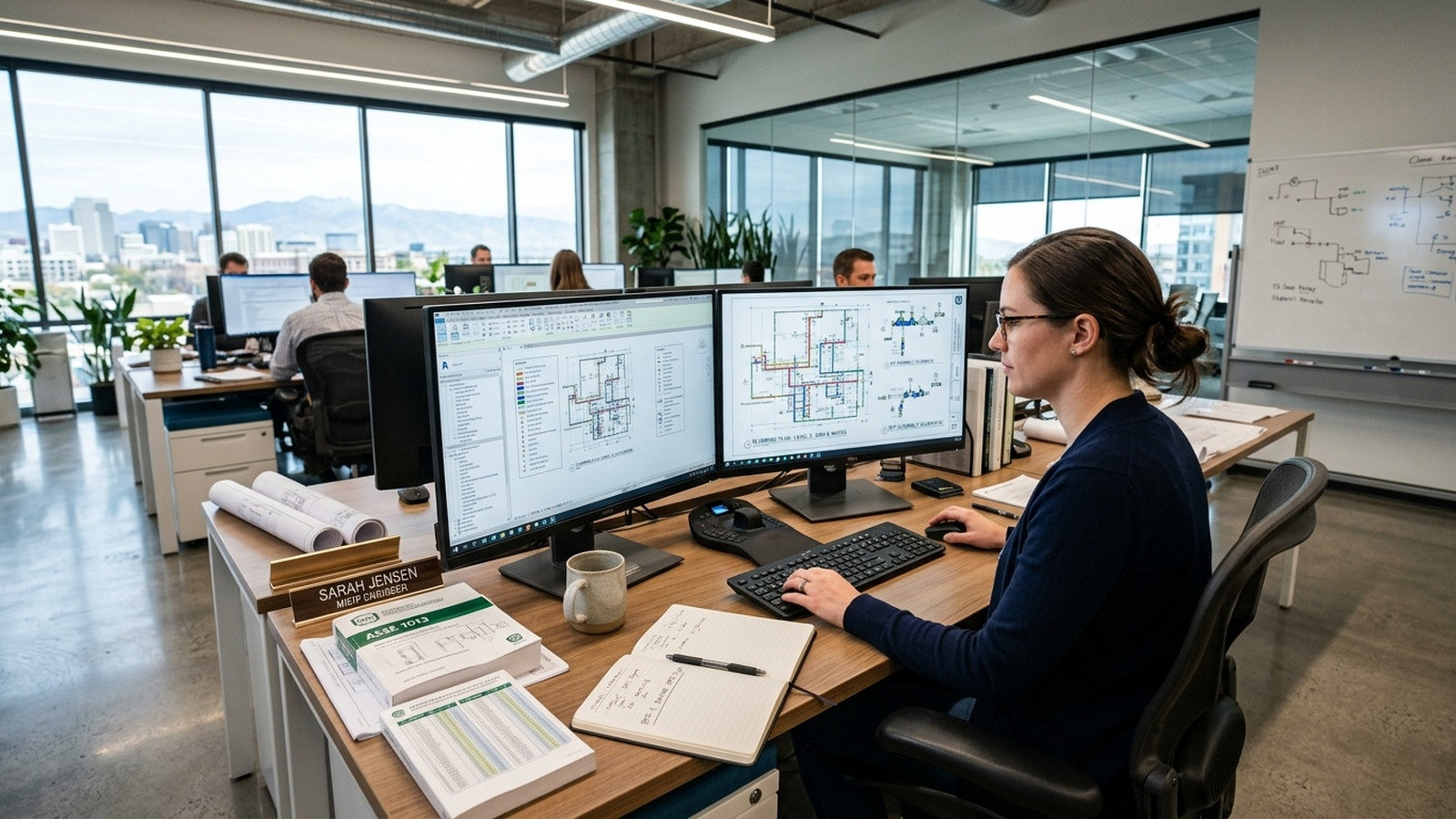 Mechanical engineer and CAD manager reviewing fan coil unit piping and duct routing on workstation screen in modern MEP design office