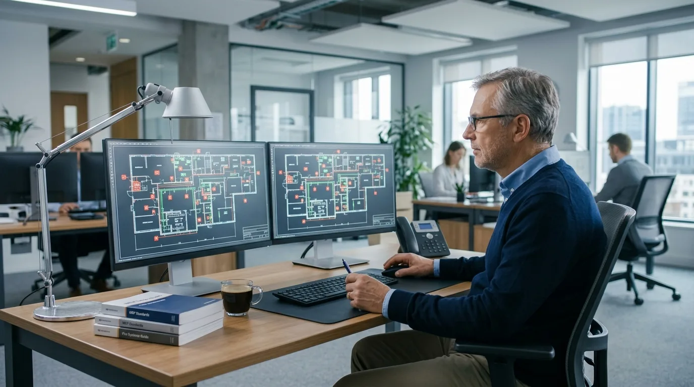 A senior MEP engineer in a modern office desk using a CAD workstation to update fire alarm system drawings.