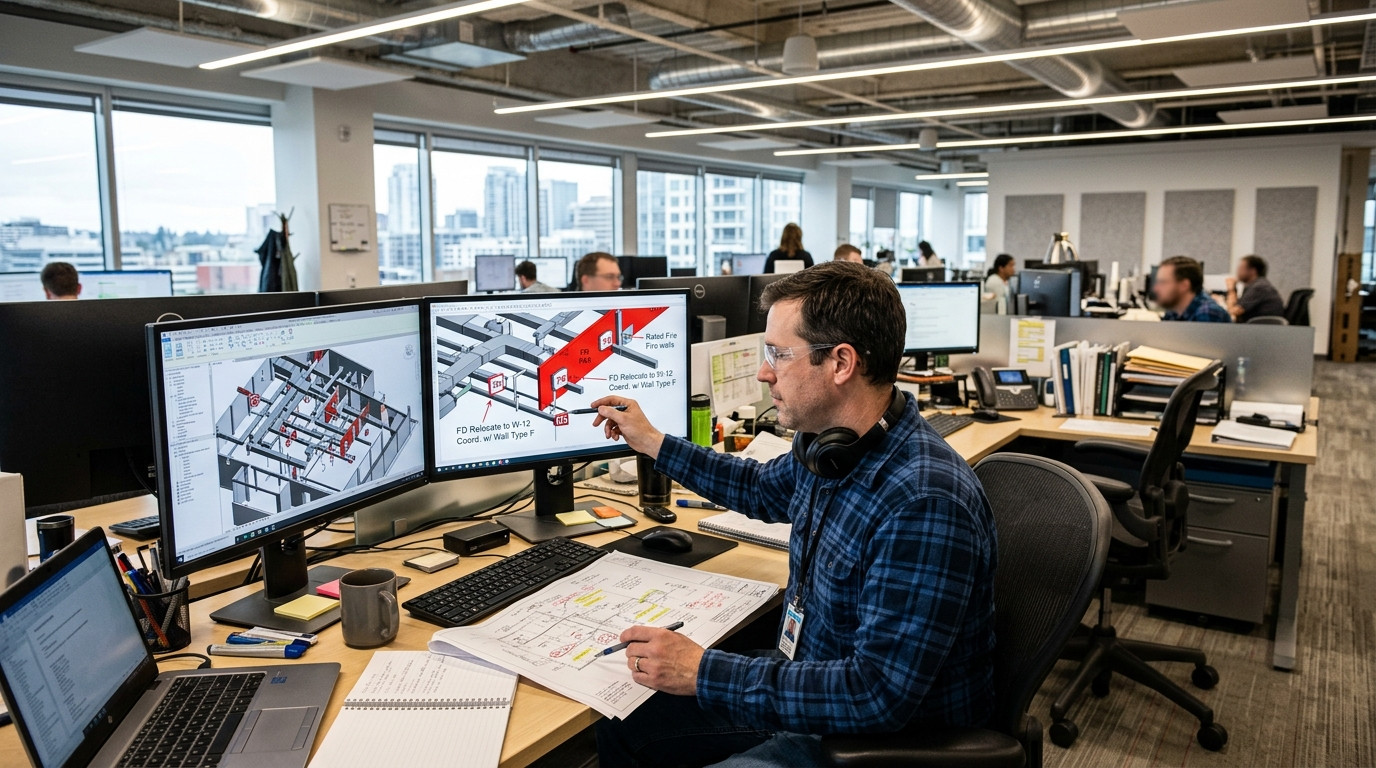Mechanical engineer reviewing commercial HVAC ductwork drawings at a computer workstation to coordinate fire damper relocations along rated partition walls