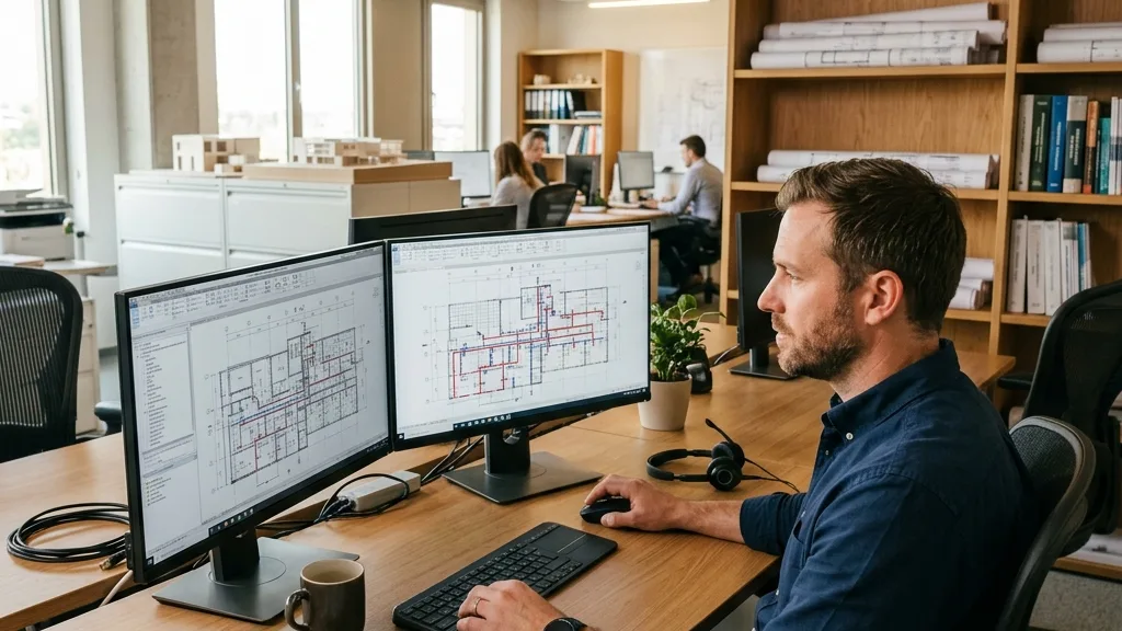 An MEP engineer at a dual-monitor workstation updating a fire sprinkler layout in a modern office.