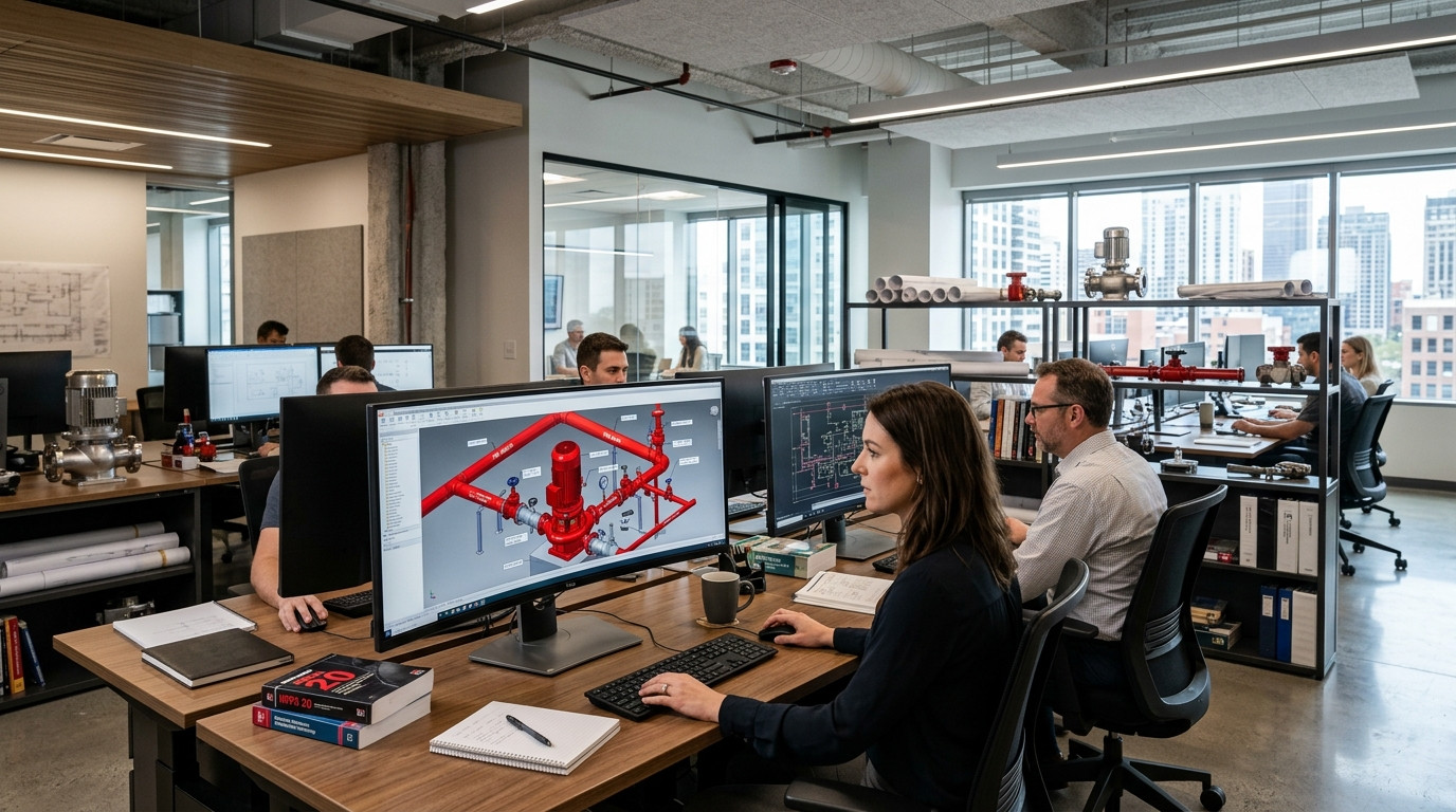 Mechanical and fire protection engineers reviewing fire pump room piping layouts and AutoCAD DWG drawings