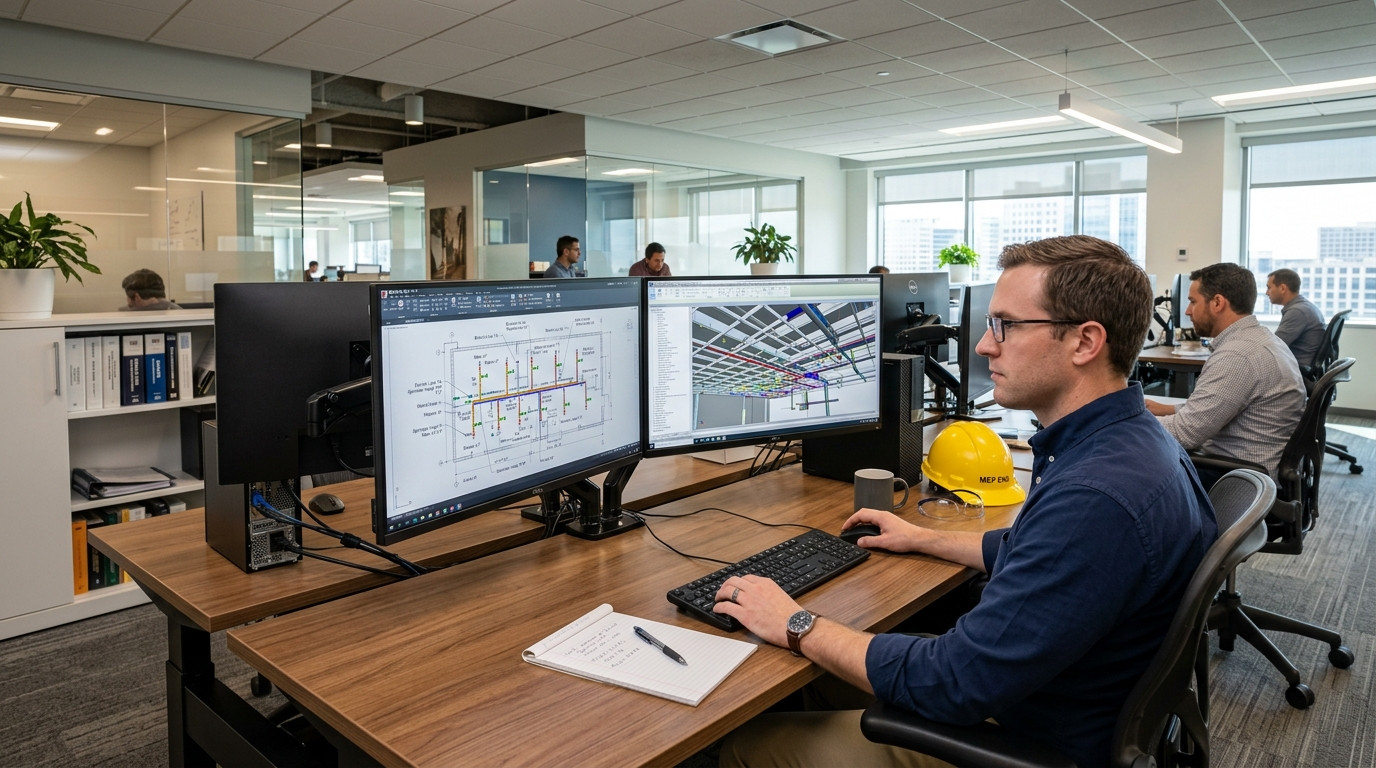 Mechanical engineer reviewing fire sprinkler branch line layouts and ceiling grid coordination drawings at a modern dual-monitor workstation