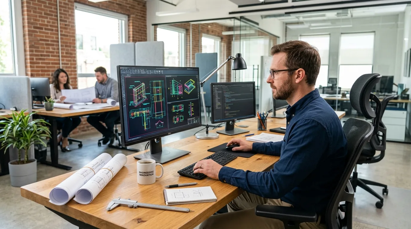A mechanical engineer at a modern workstation reviewing color-coded piping design blueprints on a high-end monitor in a professional design studio.