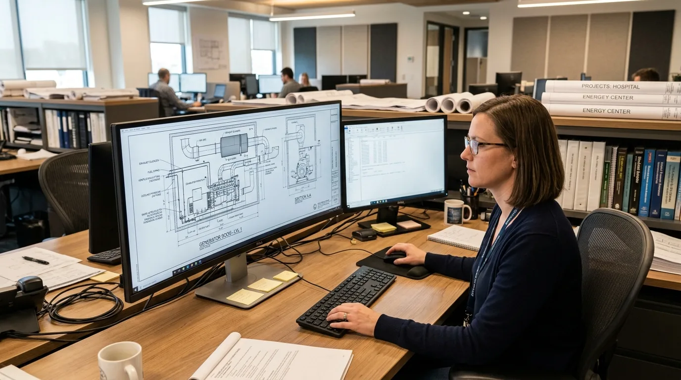 A female MEP CAD designer at a modern office workstation, reviewing a detailed 2D CAD layout of an emergency generator room on her wide monitor screen