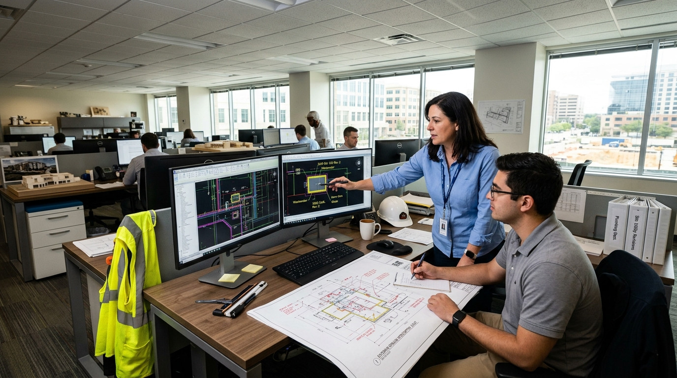 Plumbing CAD manager and design engineer reviewing exterior grease interceptor and site utility revisions at an engineering workstation