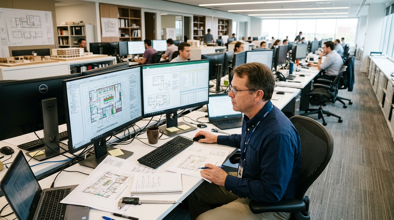 Plumbing engineer focused on reviewing commercial kitchen utility plans at a dual-monitor workstation in an MEP engineering firm