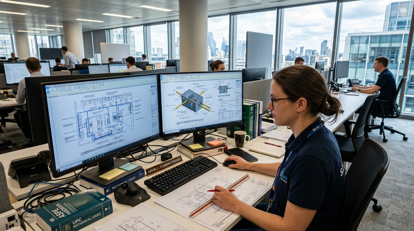A focused plumbing engineer working at a dual-monitor workstation reviewing commercial kitchen plumbing plans and grease interceptor piping layouts