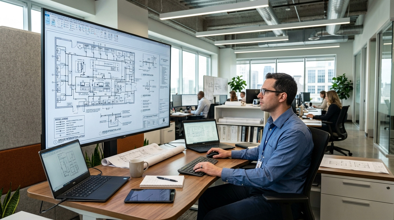 Focused plumbing engineer reviewing commercial kitchen CAD drawings and indirect waste piping layouts on a large monitor in a modern engineering office